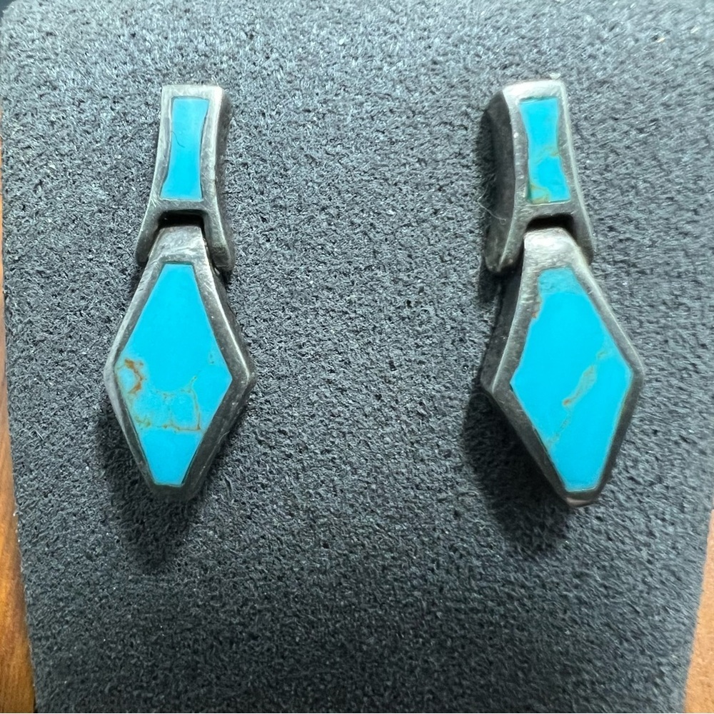 Vtg Sterling Sleeping Beauty Turquoise Inlay Dangle Earrings Native Amer…